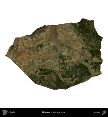 Almansa. İspanya 'nın idari bölgesi, Ocak 2020' de çekilen Global Mozaik Sentinel-2 karolarından oluşan bir uydu görüntüsü üzerinde beyaza izole edildi.