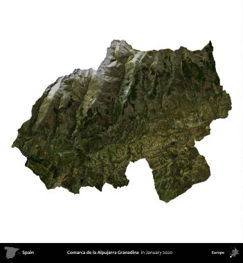 Comarca de la Alpujarra Granadina. İspanya 'nın idari bölgesi, Ocak 2020' de çekilen Global Mozaik Sentinel-2 karolarından oluşan bir uydu görüntüsü üzerinde beyaza izole edildi.
