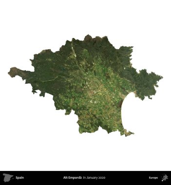 Alt Emporda. İspanya 'nın idari bölgesi, Ocak 2020' de çekilen Global Mozaik Sentinel-2 karolarından oluşan bir uydu görüntüsü üzerinde beyaza izole edildi.