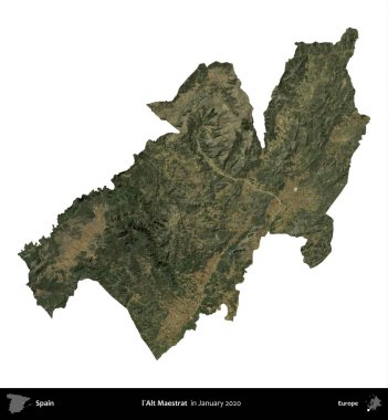 l'Alt Maestrat. İspanya 'nın idari bölgesi, Ocak 2020' de çekilen Global Mozaik Sentinel-2 karolarından oluşan bir uydu görüntüsü üzerinde beyaza izole edildi.