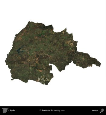 El Andevalo. İspanya 'nın idari bölgesi, Ocak 2020' de çekilen Global Mozaik Sentinel-2 karolarından oluşan bir uydu görüntüsü üzerinde beyaza izole edildi.