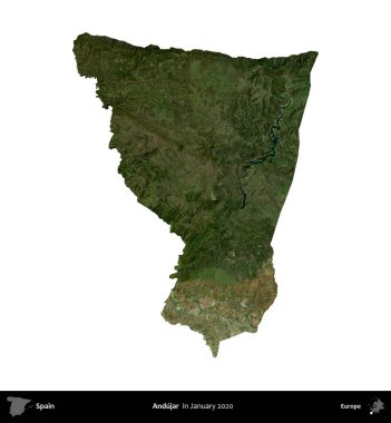 Andujar. İspanya 'nın idari bölgesi, Ocak 2020' de çekilen Global Mozaik Sentinel-2 karolarından oluşan bir uydu görüntüsü üzerinde beyaza izole edildi.
