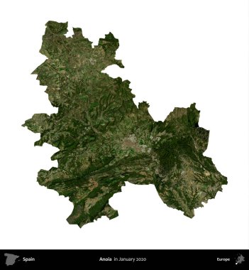 Anoia. İspanya 'nın idari bölgesi, Ocak 2020' de çekilen Global Mozaik Sentinel-2 karolarından oluşan bir uydu görüntüsü üzerinde beyaza izole edildi.