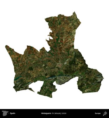 Antequera. İspanya 'nın idari bölgesi, Ocak 2020' de çekilen Global Mozaik Sentinel-2 karolarından oluşan bir uydu görüntüsü üzerinde beyaza izole edildi.