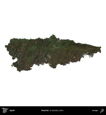 Asturyalar. İspanya 'nın idari bölgesi, Ocak 2020' de çekilen Global Mozaik Sentinel-2 karolarından oluşan bir uydu görüntüsü üzerinde beyaza izole edildi.