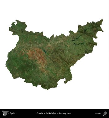 İl de Badajoz. İspanya 'nın idari bölgesi, Ocak 2020' de çekilen Global Mozaik Sentinel-2 karolarından oluşan bir uydu görüntüsü üzerinde beyaza izole edildi.