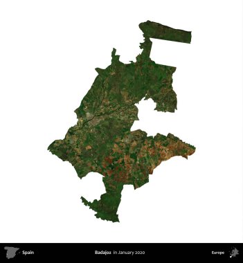 Badajoz. İspanya 'nın idari bölgesi, Ocak 2020' de çekilen Global Mozaik Sentinel-2 karolarından oluşan bir uydu görüntüsü üzerinde beyaza izole edildi.