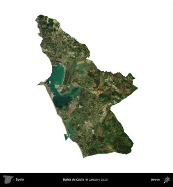 Bahia de Cadiz. İspanya 'nın idari bölgesi, Ocak 2020' de çekilen Global Mozaik Sentinel-2 karolarından oluşan bir uydu görüntüsü üzerinde beyaza izole edildi.