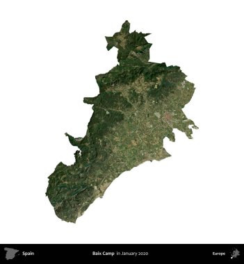 Baix Kampı. İspanya 'nın idari bölgesi, Ocak 2020' de çekilen Global Mozaik Sentinel-2 karolarından oluşan bir uydu görüntüsü üzerinde beyaza izole edildi.