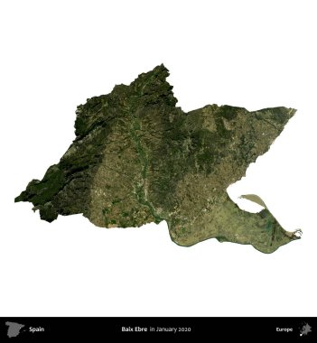 Baix Ebre. İspanya 'nın idari bölgesi, Ocak 2020' de çekilen Global Mozaik Sentinel-2 karolarından oluşan bir uydu görüntüsü üzerinde beyaza izole edildi.