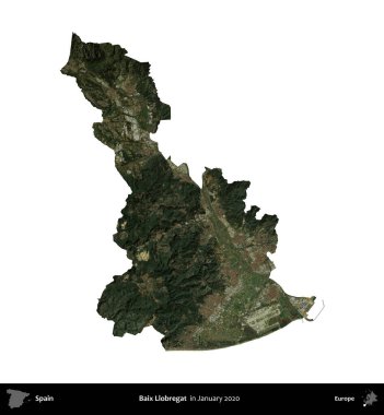 Baix Llobregat. İspanya 'nın idari bölgesi, Ocak 2020' de çekilen Global Mozaik Sentinel-2 karolarından oluşan bir uydu görüntüsü üzerinde beyaza izole edildi.