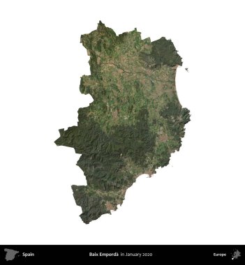 Baix Emporda. İspanya 'nın idari bölgesi, Ocak 2020' de çekilen Global Mozaik Sentinel-2 karolarından oluşan bir uydu görüntüsü üzerinde beyaza izole edildi.