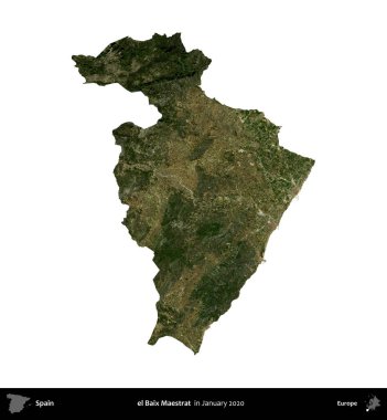 el Baix Maestrat. İspanya 'nın idari bölgesi, Ocak 2020' de çekilen Global Mozaik Sentinel-2 karolarından oluşan bir uydu görüntüsü üzerinde beyaza izole edildi.