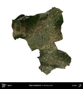 Bajo Guadalentin. İspanya 'nın idari bölgesi, Ocak 2020' de çekilen Global Mozaik Sentinel-2 karolarından oluşan bir uydu görüntüsü üzerinde beyaza izole edildi.