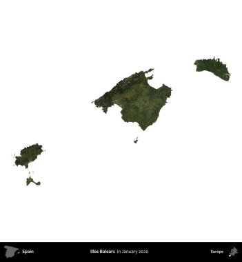 Illes Balears. İspanya 'nın idari bölgesi, Ocak 2020' de çekilen Global Mozaik Sentinel-2 karolarından oluşan bir uydu görüntüsü üzerinde beyaza izole edildi.