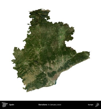 Barselona 'da. İspanya 'nın idari bölgesi, Ocak 2020' de çekilen Global Mozaik Sentinel-2 karolarından oluşan bir uydu görüntüsü üzerinde beyaza izole edildi.