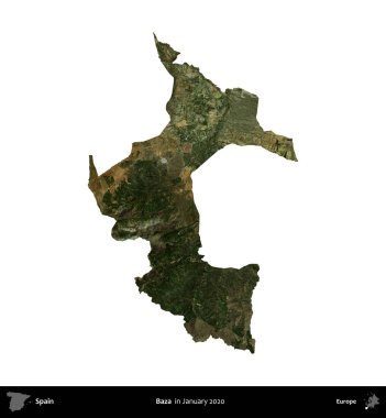 Baza. İspanya 'nın idari bölgesi, Ocak 2020' de çekilen Global Mozaik Sentinel-2 karolarından oluşan bir uydu görüntüsü üzerinde beyaza izole edildi.