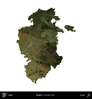 Burgos. İspanya 'nın idari bölgesi, Ocak 2020' de çekilen Global Mozaik Sentinel-2 karolarından oluşan bir uydu görüntüsü üzerinde beyaza izole edildi.