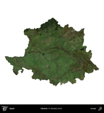 Caceres. İspanya 'nın idari bölgesi, Ocak 2020' de çekilen Global Mozaik Sentinel-2 karolarından oluşan bir uydu görüntüsü üzerinde beyaza izole edildi.