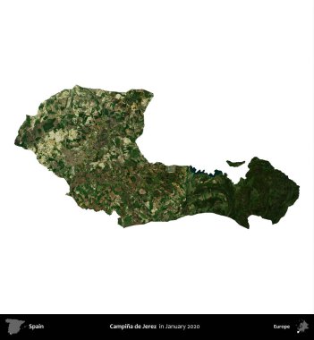 Campina de Jerez. İspanya 'nın idari bölgesi, Ocak 2020' de çekilen Global Mozaik Sentinel-2 karolarından oluşan bir uydu görüntüsü üzerinde beyaza izole edildi.