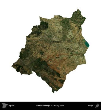 Campo de Borja 'da. İspanya 'nın idari bölgesi, Ocak 2020' de çekilen Global Mozaik Sentinel-2 karolarından oluşan bir uydu görüntüsü üzerinde beyaza izole edildi.