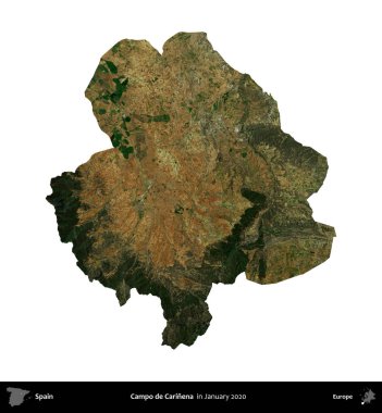Campo de Carinena 'da. İspanya 'nın idari bölgesi, Ocak 2020' de çekilen Global Mozaik Sentinel-2 karolarından oluşan bir uydu görüntüsü üzerinde beyaza izole edildi.
