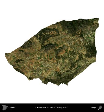 Caravaca de la Cruz 'da. İspanya 'nın idari bölgesi, Ocak 2020' de çekilen Global Mozaik Sentinel-2 karolarından oluşan bir uydu görüntüsü üzerinde beyaza izole edildi.