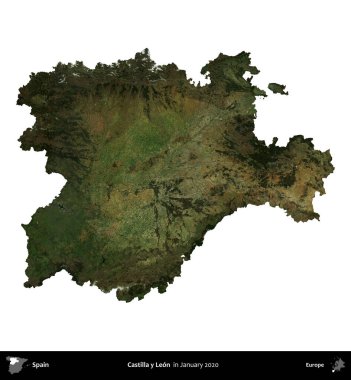 Castilla y Leon. İspanya 'nın idari bölgesi, Ocak 2020' de çekilen Global Mozaik Sentinel-2 karolarından oluşan bir uydu görüntüsü üzerinde beyaza izole edildi.