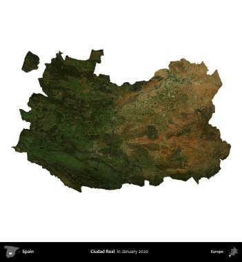 Ciudad Real. İspanya 'nın idari bölgesi, Ocak 2020' de çekilen Global Mozaik Sentinel-2 karolarından oluşan bir uydu görüntüsü üzerinde beyaza izole edildi.