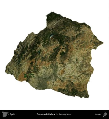 Comarca de Huescar. İspanya 'nın idari bölgesi, Ocak 2020' de çekilen Global Mozaik Sentinel-2 karolarından oluşan bir uydu görüntüsü üzerinde beyaza izole edildi.