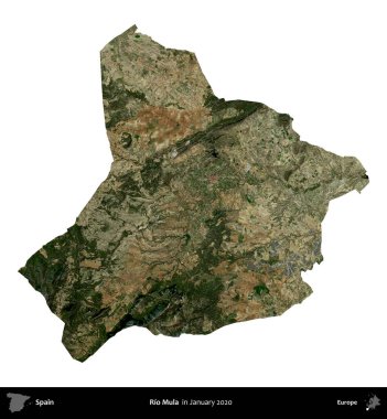 Rio Mula. İspanya 'nın idari bölgesi, Ocak 2020' de çekilen Global Mozaik Sentinel-2 karolarından oluşan bir uydu görüntüsü üzerinde beyaza izole edildi.