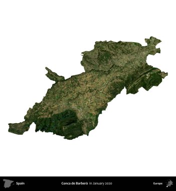 Conca de Barbera 'da. İspanya 'nın idari bölgesi, Ocak 2020' de çekilen Global Mozaik Sentinel-2 karolarından oluşan bir uydu görüntüsü üzerinde beyaza izole edildi.