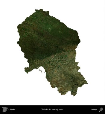 Cordoba. İspanya 'nın idari bölgesi, Ocak 2020' de çekilen Global Mozaik Sentinel-2 karolarından oluşan bir uydu görüntüsü üzerinde beyaza izole edildi.