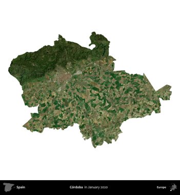 Cordoba. İspanya 'nın idari bölgesi, Ocak 2020' de çekilen Global Mozaik Sentinel-2 karolarından oluşan bir uydu görüntüsü üzerinde beyaza izole edildi.