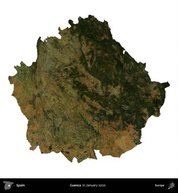 Cuenca. İspanya 'nın idari bölgesi, Ocak 2020' de çekilen Global Mozaik Sentinel-2 karolarından oluşan bir uydu görüntüsü üzerinde beyaza izole edildi.