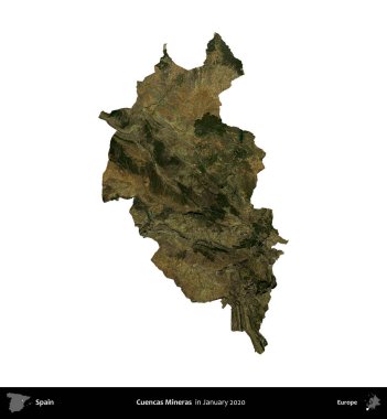 Cuencas Mineras. İspanya 'nın idari bölgesi, Ocak 2020' de çekilen Global Mozaik Sentinel-2 karolarından oluşan bir uydu görüntüsü üzerinde beyaza izole edildi.