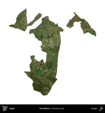 Don Benito. İspanya 'nın idari bölgesi, Ocak 2020' de çekilen Global Mozaik Sentinel-2 karolarından oluşan bir uydu görüntüsü üzerinde beyaza izole edildi.