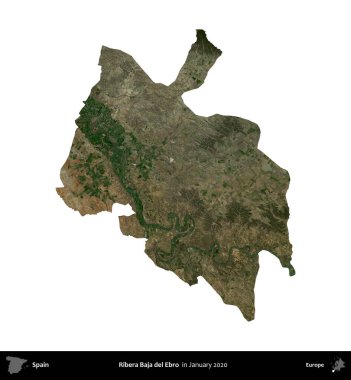 Ribera Baja del Ebro. İspanya 'nın idari bölgesi, Ocak 2020' de çekilen Global Mozaik Sentinel-2 karolarından oluşan bir uydu görüntüsü üzerinde beyaza izole edildi.