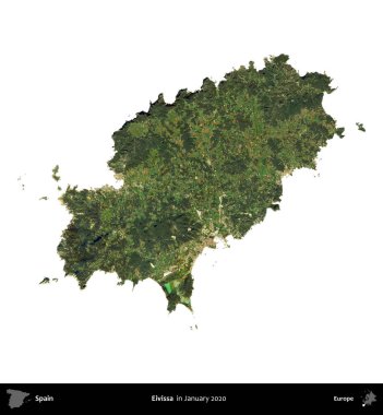 Eivissa. İspanya 'nın idari bölgesi, Ocak 2020' de çekilen Global Mozaik Sentinel-2 karolarından oluşan bir uydu görüntüsü üzerinde beyaza izole edildi.