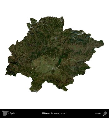 El Bierzo 'da. İspanya 'nın idari bölgesi, Ocak 2020' de çekilen Global Mozaik Sentinel-2 karolarından oluşan bir uydu görüntüsü üzerinde beyaza izole edildi.