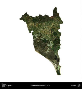 El Condado 'da. İspanya 'nın idari bölgesi, Ocak 2020' de çekilen Global Mozaik Sentinel-2 karolarından oluşan bir uydu görüntüsü üzerinde beyaza izole edildi.