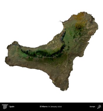 El Hierro 'da. İspanya 'nın idari bölgesi, Ocak 2020' de çekilen Global Mozaik Sentinel-2 karolarından oluşan bir uydu görüntüsü üzerinde beyaza izole edildi.