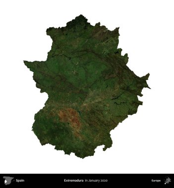 Extremadura. İspanya 'nın idari bölgesi, Ocak 2020' de çekilen Global Mozaik Sentinel-2 karolarından oluşan bir uydu görüntüsü üzerinde beyaza izole edildi.