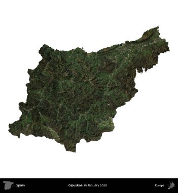 Gipuzkoa. İspanya 'nın idari bölgesi, Ocak 2020' de çekilen Global Mozaik Sentinel-2 karolarından oluşan bir uydu görüntüsü üzerinde beyaza izole edildi.