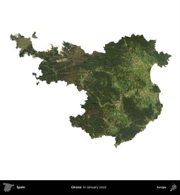 Girona. İspanya 'nın idari bölgesi, Ocak 2020' de çekilen Global Mozaik Sentinel-2 karolarından oluşan bir uydu görüntüsü üzerinde beyaza izole edildi.