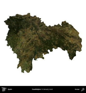 Guadalajara. İspanya 'nın idari bölgesi, Ocak 2020' de çekilen Global Mozaik Sentinel-2 karolarından oluşan bir uydu görüntüsü üzerinde beyaza izole edildi.