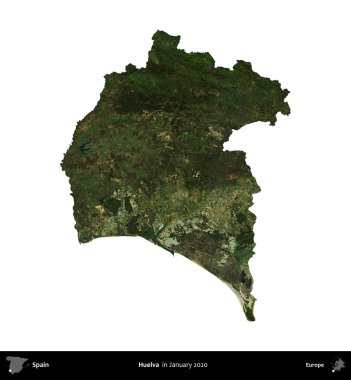 Huelva. İspanya 'nın idari bölgesi, Ocak 2020' de çekilen Global Mozaik Sentinel-2 karolarından oluşan bir uydu görüntüsü üzerinde beyaza izole edildi.