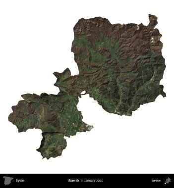 İbarrak. İspanya 'nın idari bölgesi, Ocak 2020' de çekilen Global Mozaik Sentinel-2 karolarından oluşan bir uydu görüntüsü üzerinde beyaza izole edildi.