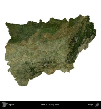 Jaen. İspanya 'nın idari bölgesi, Ocak 2020' de çekilen Global Mozaik Sentinel-2 karolarından oluşan bir uydu görüntüsü üzerinde beyaza izole edildi.