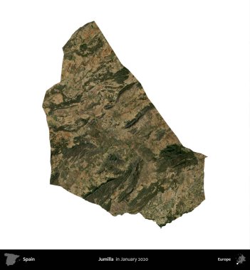 Jumilla. İspanya 'nın idari bölgesi, Ocak 2020' de çekilen Global Mozaik Sentinel-2 karolarından oluşan bir uydu görüntüsü üzerinde beyaza izole edildi.